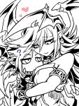  0nodera 1boy 1girl ? darklord_ixchel darklord_morningstar demon demon_girl demon_wings duel_monster head_wings heart hetero hug jewelry monochrome navel pointy_ears smile wings yu-gi-oh! yuu-gi-ou_duel_monsters 