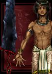  ancient_egypt artist_request black_hair dark_skin egyptian hieroglyphics male_focus original solo sword topless weapon 