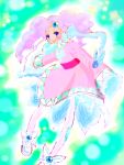  00s 1girl aqua_background blue_eyes blush dark_skin dress frills long_hair meredy open_mouth pantyhose pink_hair quickie shoes tales_of_(series) tales_of_eternia twintails 
