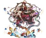  1girl bangs belt berries black_dress bow christmas coat crystal dagger dress flower full_body fur_hat fur_trim gloves granblue_fantasy hair_between_eyes hat high_heels holding holding_weapon leaf lily_(flower) long_hair long_sleeves minaba_hideo official_art open_clothes open_coat red_coat red_gloves red_rose rose rosetta_(granblue_fantasy) short_dress simple_background sitting snowflakes solo thigh-highs ushanka violet_eyes weapon white_hat white_legwear wide_sleeves zettai_ryouiki 
