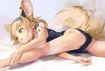  1girl animal_ears arknights bangs blonde_hair blue_hairband braid commentary_request fox_ears fox_tail green_eyes hair_rings hairband headset highres kneepits long_hair looking_away looking_to_the_side lying multiple_tails on_stomach oripathy_lesion_(arknights) painterly parted_lips school_swimsuit solo split suzuran_(arknights) sweetonedollar swimsuit tail white_background white_hair wide_spread_legs 