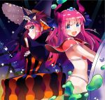  &gt;:d 2girls :d adjusting_clothes adjusting_hat armor bikini bikini_armor black_legwear blue_eyes blue_ribbon blush breasts curled_horns dragon_girl dual_persona elizabeth_bathory_(brave)_(fate) elizabeth_bathory_(halloween)_(fate) fang fate/grand_order fate_(series) from_side hair_ribbon hat highres lancer_(fate/extra_ccc) long_hair multiple_girls open_mouth orange_ribbon pauldrons pink_hair pointy_ears red_bikini ribbon sakana_(14894735) shield small_breasts smile star string_bikini swimsuit thigh-highs tiara two_side_up witch_hat 