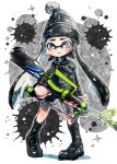  1girl beanie bike_shorts black_eyes black_hair black_legwear black_shoes black_shorts blush closed_mouth domino_mask full_body harutarou_(orion_3boshi) hat hero_charger_(splatoon) holding holding_weapon inkling long_hair long_sleeves looking_at_viewer mask neckerchief paint_splatter pointy_ears sailor_collar shirt shoes shorts socks solo splatoon standing tentacle_hair weapon 