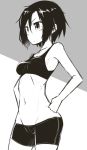  1girl armpits bike_shorts character_request dosu hands_on_hips monochrome navel short_hair source_request tomboy training_bra 