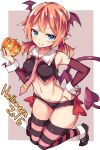  1girl 2016 bare_shoulders blue_eyes blush bow breasts brown_hair commentary_request crop_top demon_girl demon_tail demon_wings detached_sleeves grin halloween hand_on_hip head_wings jack-o&#039;-lantern knees_together_feet_apart looking_at_viewer low_twintails medium_breasts medium_hair midriff navel necktie original pointy_ears pumpkin shiny shiny_skin shoes short_shorts shorts smile solo striped striped_legwear tail teeth thigh-highs twintails unacchi_(nyusankin) wings wrist_cuffs 