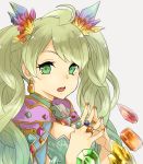  1girl :o ahoge bangs breasts chestnut_mouth cleavage crystal de_la_fille diamond_(shape) earrings fingers_together gem granblue_fantasy green_eyes green_hair hair_ornament jewelry long_hair looking_at_viewer medium_breasts nail_polish open_mouth orange_nails ring solo teeth twintails upper_body yakota 