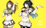  2girls amagi_(kantai_collection) asakawa_(outeq) asymmetrical_gloves asymmetrical_sleeves black_hair blush breasts brown_hair choker cleavage_cutout closed_eyes dancing fingerless_gloves flower gloves gradient_hair hair_flower hair_ornament hair_ribbon hand_on_own_chest hip_vent kantai_collection katsuragi_(kantai_collection) large_breasts long_hair long_sleeves midriff miniskirt mole mole_under_eye multicolored_hair multiple_girls navel pleated_skirt ponytail remodel_(kantai_collection) ribbon round_teeth short_sleeves simple_background skirt smile teeth thigh-highs white_ribbon yellow_background 
