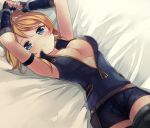  1girl ayase_eli bed bed_sheet blonde_hair blue_eyes blush breasts cleavage cuffs elbow_gloves fingerless_gloves gloves handcuffs long_hair looking_at_viewer love_live! love_live!_school_idol_festival love_live!_school_idol_project lying medium_breasts motokonut no_bra on_back open_clothes open_shirt parted_lips ponytail scrunchie shirt shorts sleeveless sleeveless_shirt solo thigh-highs unzipped zettai_ryouiki zipper 