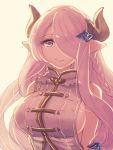  1girl breasts doraf granblue_fantasy hair_ornament hair_over_one_eye horns konsui_(grcoma) large_breasts lavender_hair light_smile looking_at_viewer narumeia_(granblue_fantasy) pointy_ears solo upper_body violet_eyes 