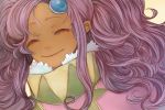  00s 1girl closed_eyes dark_skin dress long_hair meredy purple_hair smile tales_of_(series) tales_of_eternia twintails yellow_background 