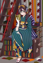  1girl :/ black-framed_eyewear blue_eyes blush book book_stack bookshelf braid brown_hair closed_mouth floral_print full_body furisode glasses gloves hair_ornament hair_over_shoulder hair_ribbon head_tilt highres japanese_clothes kimono long_hair looking_at_viewer obi ofuda open_book original ponytail ribbon round_glasses sandals sash sitting sleeves_past_wrists solo stairs twin_braids usamochi_(7290381) vertical-striped_kimono white_gloves white_legwear yellow_ribbon 