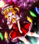 1girl aka_tawashi ascot backlighting blonde_hair blush closed_mouth crystal dutch_angle feathers flandre_scarlet frilled_shirt_collar frills full_moon glowing glowing_eyes hat hat_ribbon highres looking_at_viewer mob_cap moon moonlight night petticoat puffy_short_sleeves puffy_sleeves red_eyes red_ribbon red_skirt red_vest ribbon shirt short_sleeves side_ponytail skirt skirt_set solo touhou white_shirt wings wrist_cuffs 