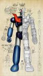  70s aircraft artist_request boss_(mazinger_z) character_request cockpit cross_section dirty highres kabuto_kouji mazinger_z mazinger_z_(mecha) mecha missile notebook oldschool partially_colored pilder pilot pilot_suit rocket_launcher rocket_punch science_fiction sketch super_robot tagme uniform weapon 