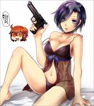  2girls bare_shoulders black_hair black_panties blue_eyes chamochi fate/grand_order fate_(series) fujimaru_ritsuka_(female) gun handgun holding holding_gun holding_weapon lingerie looking_at_viewer multiple_girls navel panties shiny shiny_skin short_hair sitting strap_slip twitter_username underwear weapon 