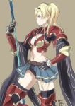  1girl armor bikini_armor blonde_hair blue_eyes braid breasts brown_background cleavage granblue_fantasy hair_intakes hand_on_hip highres holding holding_weapon long_hair medium_breasts navel polearm simple_background smile solo spear tooya_daisuke twin_braids twintails weapon zeta_(granblue_fantasy) 