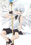  1boy :d angel angel_wings arm_support bare_shoulders black_gloves blue_eyes fingerless_gloves gloves halo highres male_focus open_clothes open_mouth open_vest sandals shorts simple_background sitting smile solo staff uraketa vest white_background white_hair wings 