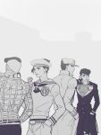  4boys cellphone gakuran hand_behind_head hand_in_pocket hat heart higashikata_jousuke jojo_no_kimyou_na_bouken jojolion kira_yoshikage_(jojolion) kuujou_josefumi kuujou_joutarou long_coat male_focus monochrome multiple_boys navel peace_symbol phone pin pompadour reammara sailor sailor_hat school_uniform smartphone 