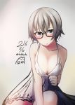 1girl :o arm_support black-framed_eyewear breasts chemise cleavage collarbone dated glasses gradient gradient_background green_eyes grey_hair large_breasts looking_at_viewer nekobaka nightgown signature sitting solo twitter_username 