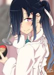  1girl 2016 alternate_costume black_hair bowl closed_mouth commentary_request eyebrows hair_over_one_eye hair_ribbon hayashimo_(kantai_collection) holding_bowl kantai_collection kappougi long_hair looking_at_viewer ponytail ribbon ru2n131 signature smile solo soup_ladle violet_eyes white_ribbon 