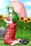  1girl aka_tawashi ascot black_shoes blush bobby_socks breasts closed_mouth day field flower flower_field frills from_side full_body garden_of_the_sun green_eyes green_hair highres holding holding_umbrella kazami_yuuka kazami_yuuka_(pc-98) kneeling long_hair looking_at_viewer looking_to_the_side mary_janes medium_breasts open_clothes open_vest parasol plaid plaid_skirt plaid_vest shoes skirt skirt_set socks solo sunflower touhou touhou_(pc-98) umbrella vest white_legwear 