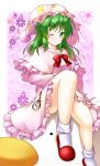  1girl ;) aka_tawashi blush bobby_socks bow bowtie capelet closed_mouth crescent_print dress drop_shadow floral_background frilled_dress frills green_eyes green_hair hat highres kazami_yuuka kazami_yuuka_(pc-98) knee_up long_hair long_sleeves nightcap one_eye_closed pink_dress pocket_watch puffy_long_sleeves puffy_sleeves red_bow red_bowtie sitting slippers smile socks solo star star_print touhou touhou_(pc-98) watch white_legwear 