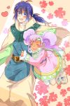  00s 1boy 1girl belt blue_eyes blue_hair blush cape closed_eyes dark_skin dress frills heart keele_zeibel long_hair meredy open_mouth pantyhose ponytail purple_hair shoes tales_of_(series) tales_of_eternia twintails 
