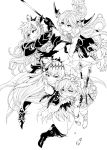 4girls armlet armor bangs bare_shoulders bikini_armor boots bottle bow bracelet breasts carrying cleavage closed_mouth collared_shirt dark_jeanne dark_persona djeeta_(granblue_fantasy) drooling elixir empty_eyes fangs feathers female flower frilled_shirt_collar frilled_skirt frills gloves granblue_fantasy hair_between_eyes hair_bow hair_feathers hair_ornament hairband head_wings highres holding holding_sword holding_weapon jeanne_d&#039;arc_(granblue_fantasy) jewelry katana long_hair long_sleeves looking_at_another midriff miniskirt monochrome multiple_girls open_mouth plant raid_slash rapier rose shaded_face sheath shingeki_no_bahamut shirt short_hair simple_background skirt smile superstar_(granblue_fantasy) sweat sword vampire vampy vira weapon white_background 
