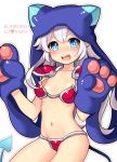  1girl :o ap@meito armor artist_name bikini_armor blue_eyes blue_gloves blue_hat blush character_name copyright_name cowboy_shot demon_tail elsword eyebrows gloves hat heart long_hair luciela_r._sourcream open_mouth paw_gloves solo tail thick_eyebrows white_background white_hair 