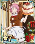  1girl animal_ears antlers apron bow box cake card_(medium) closed_eyes fake_animal_ears fake_horns food gift gift_box grin hair_ornament hairband hairclip lisbeth number pink_hair red_bow red_hairband reindeer_antlers reindeer_ears short_hair smile solo star sword sword_art_online weapon white_apron 