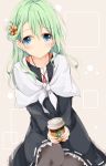  1girl bangs black_legwear blue_eyes blush coffee cup dress flower green_hair hair_between_eyes hair_flower hair_ornament holding holding_cup jewelry long_hair looking_at_viewer necklace original pantyhose ribbon-trimmed_dress ribbon_trim shawl shiina_kuro sitting solo starbucks 