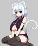  1girl absurdres animal_ears bare_shoulders belly black_legwear blue_eyes boots breasts cat_ears cat_tail grey_background highres huge_breasts navel sawati short_hair short_shorts shorts simple_background sitting solo tail thick_thighs thigh-highs thigh_boots thighs under_boob wariza white_hair 