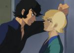  2boys asuka_ryou black_eyes black_hair blonde_hair blue_eyes devilman eye_contact eyebrows fake_screenshot fudou_akira looking_at_another multiple_boys short_hair sideburns smile 