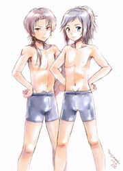  2016 2boys black_hair blue_eyes hands_on_hips kashuu_kiyomitsu long_hair male_swimwear multiple_boys navel ponytail red_eyes shorts signature standing swim_trunks swimwear torajimaneko touken_ranbu yamato-no-kami_yasusada 