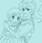  &gt;:d 2girls :d aqua bishoujo_senshi_sailor_moon hand_on_another&#039;s_arm holding kino_makoto kobeya_(tonari_no_kobeya) looking_at_viewer mizuno_ami monochrome multiple_girls no_nose open_mouth ponytail school_uniform serafuku smile 