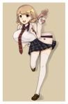  1girl absurdres bent_over blonde_hair breasts brown_eyes female gun hair_ornament hairclip huge_breasts jacket miniskirt narusawa_ryouka necktie occultic;nine open_mouth school_uniform shirt short_hair skirt solo standing thigh-highs uniform weapon white_legwear white_shirt 
