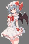  1girl bangs bat_wings blue_hair center_frills closed_mouth eyebrows eyebrows_visible_through_hair fang fang_out grey_background hat hat_ribbon head_tilt highres looking_at_viewer mob_cap pointy_ears red_eyes red_ribbon remilia_scarlet ribbon shone short_hair short_sleeves simple_background sketch skirt smile solo standing touhou white_skirt wings wrist_cuffs 