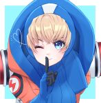  1girl apex_legends blonde_hair blue_gloves breasts eyebrows_visible_through_hair gloves heart hood hooded_jacket jacket leaning_forward medium_breasts one_eye_closed orange_jacket pointing raid_(minmiru) scar scar_on_cheek scar_on_face smile solo upper_body wattson_(apex_legends) 