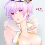  1girl artist_name beret breasts character_name dated earrings fur_collar hat jewelry large_breasts leona_(sennen_sensou_aigis) lowres miniru parted_lips purple_hair sennen_sensou_aigis short_hair solo upper_body very_short_hair violet_eyes 