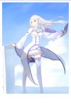  1girl bare_shoulders bodice braid cleavage_cutout clouds coattails crown_braid emilia_(re:zero) eyebrows eyebrows_visible_through_hair frills hand_in_hair highres lamase_(41) light_smile looking_to_the_side pointy_ears re:zero_kara_hajimeru_isekai_seikatsu shoulder_cutout silver_hair skirt sky solo standing thigh-highs underbust violet_eyes white_border white_legwear wide_sleeves wind zettai_ryouiki 