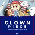  1girl aircraft airplane american_flag american_flag_dress animal assault_rifle bald_eagle baseball_cap bird character_name clownpiece donald_trump eagle english female fighter_jet food gun hamburger hat highres jet m16 mecham military military_vehicle missile real_life rifle smile solo star touhou trump_hat upper_body weapon 
