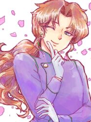  1boy bangs bishoujo_senshi_sailor_moon brown_hair earrings gloves jewelry long_hair low_ponytail one_eye_closed parted_bangs petals ponytail rose_petals smile solo stud_earrings very_long_hair white_background white_gloves yoshida_owt zoisite_(sailor_moon) 