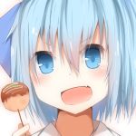  1girl blue_eyes blue_hair cirno food looking_at_viewer open_mouth simple_background sorahachi_(sora823) touhou white_background 