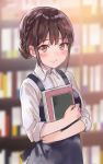  1girl black_hair blouse blurry blush book braid brown_eyes closed_mouth commentary_request eyebrows eyebrows_visible_through_hair fukahire_sanba holding holding_book long_sleeves looking_at_viewer original sleeves_folded_up smile solo suspenders upper_body white_blouse 