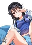  1girl bare_legs black_hair blue_panties blue_shirt blush bow bow_panties breasts cardigan closed_mouth gleision_adain hair_between_eyes hand_on_own_face high_school_fleet long_hair long_sleeves looking_at_viewer medium_breasts munetani_mashiro navel no_pants off_shoulder one_eye_closed panties red_eyes shark shirt sidelocks signature simple_background sitting solo stuffed_animal stuffed_toy underwear white_background 