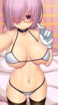  1girl absurdres asamura_hiori bespectacled bikini black_legwear breasts commentary_request fate/grand_order fate_(series) from_above frown glasses gloves hair_over_one_eye highres large_breasts look-alike looking_at_viewer micro_bikini midriff navel purple_hair self_shot shielder_(fate/grand_order) shiny shiny_clothes shiny_skin short_hair skindentation solo swimsuit thigh-highs thighs under_boob violet_eyes white_gloves 