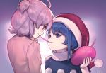  2girls ahoge ainy77 arm_at_side back bangs blue_eyes blue_hair blush closed_mouth doremy_sweet embarrassed eyebrows eyebrows_visible_through_hair food food_in_mouth frown half_updo hand_on_own_face hat holding kishin_sagume long_sleeves looking_at_another looking_up mouth_hold multiple_girls nightcap no_wings pocky pocky_day pom_pom_(clothes) purple_background red_eyes short_hair signature silver_hair smile strawberry_pocky sweat touhou turtleneck upper_body 