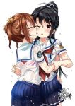  2girls black_hair blue_bra blue_eyes blue_skirt blush bra brown_hair cheek_licking closed_eyes face_licking gleision_adain high_school_fleet holding_arm hug licking long_hair misaki_akeno multiple_girls munetani_mashiro one_eye_closed open_mouth pink_bra pleated_skirt ponytail school_uniform see-through serafuku shirt short_hair signature skirt tongue tongue_out twintails underwear water_drop wet wet_clothes wet_hair wet_shirt white_background white_shirt yuri 