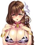  1girl bare_shoulders bell bell_collar blush bow bra bracelet braid breasts brown_eyes brown_hair cleavage collar flower gan_(shanimuni) hair_flower hair_ornament hands_on_own_chest highres jewelry kanpani_girls large_breasts lipstick looking_at_viewer makeup mole mole_under_eye open_mouth shirayuri_sakura simple_background solo sweat underwear white_background 