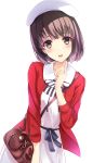  1girl :d bag beret brown_eyes brown_hair collarbone commentary_request handbag hat highres index_finger_raised katou_megumi looking_at_viewer open_mouth rko_(a470350510) saenai_heroine_no_sodatekata short_hair simple_background smile solo white_background 