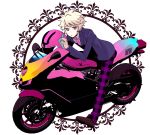  1boy blonde_hair ground_vehicle headwear_removed helmet helmet_removed looking_at_viewer male_focus motor_vehicle motorcycle mouri necktie pink_necktie riding solo vocaloid yuu_(vocaloid) zola_project 